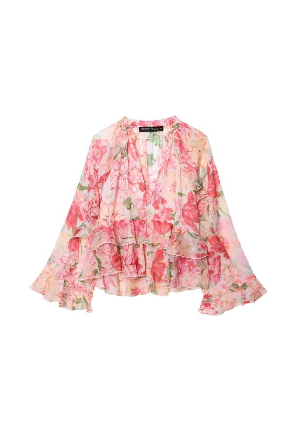 Pink Floral Print Ruffle V Neck Cropped Chiffon Blouse