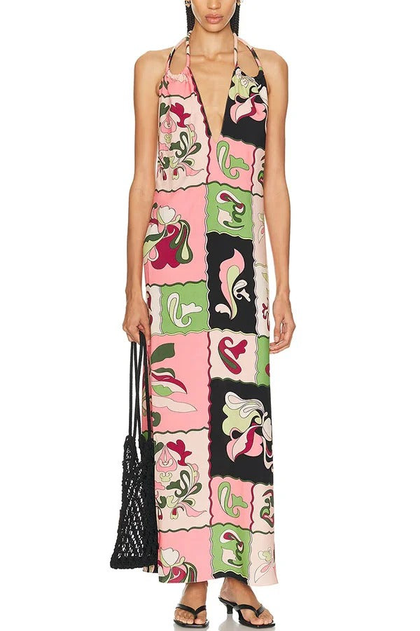Vacation Night Unique Color-block Print U-shaped Shoulder Strap Maxi Dress
