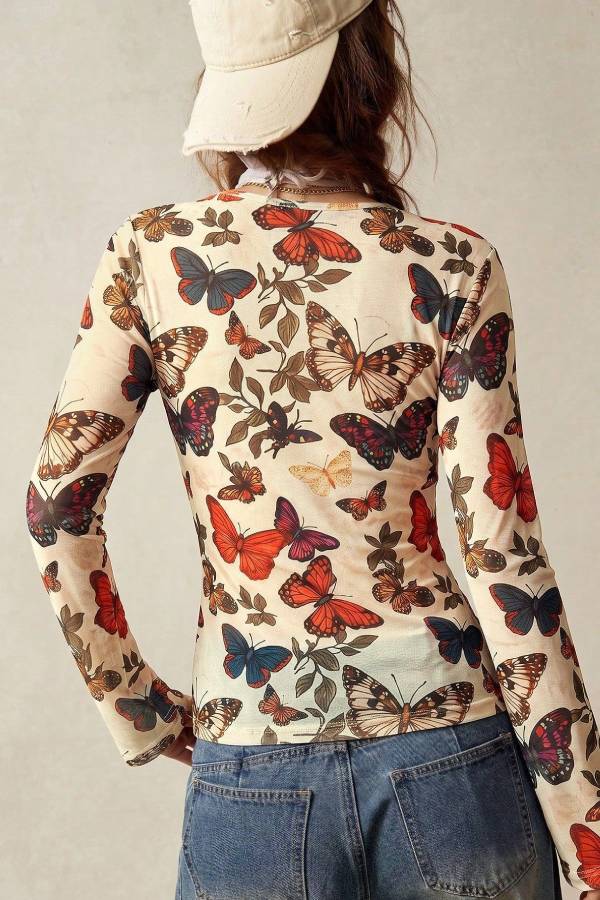 Vintage Butterfly Print V-Neck Button Down Fitted Long Sleeve Top