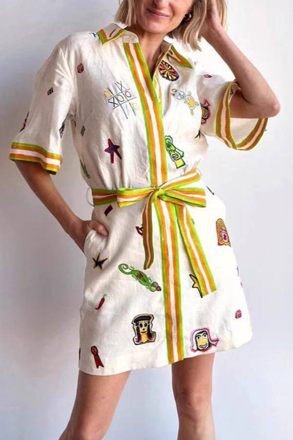 Playful Cartoon Embroidered Contrast Stripe Tie Shirt Dress