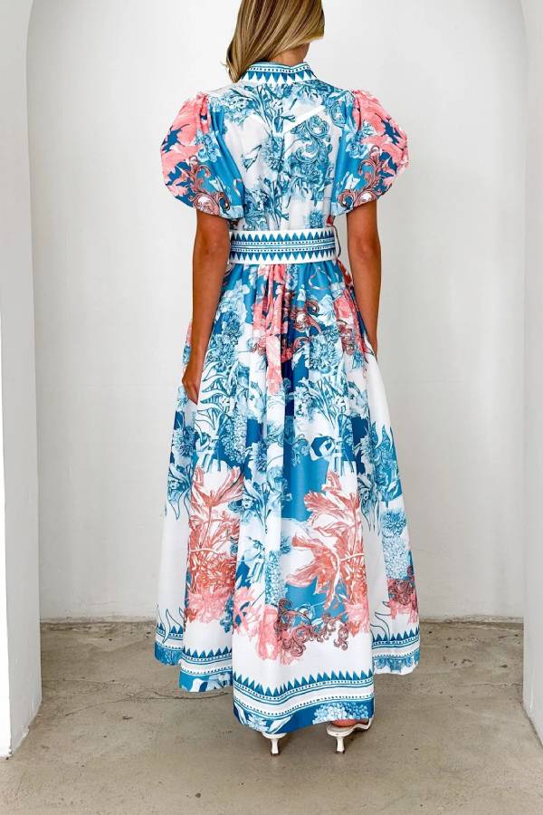 Blue Pink Floral Print Puff Sleeve Stand Collar Waisted Maxi Vacation Dress with Matching Belt