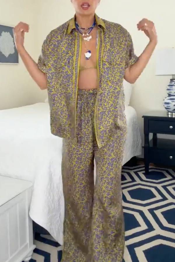 Vintage Floral Print Satin Shirt & Split Wide Leg Pants 2 Piece Vacation Set