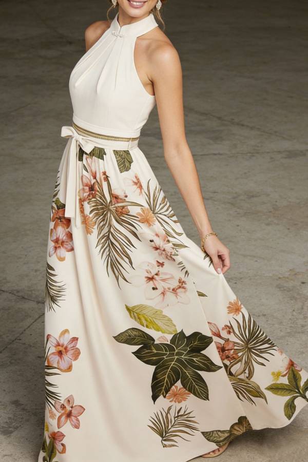 New Chinese Halter Frog Button Tropical Floral Maxi Evening Dress