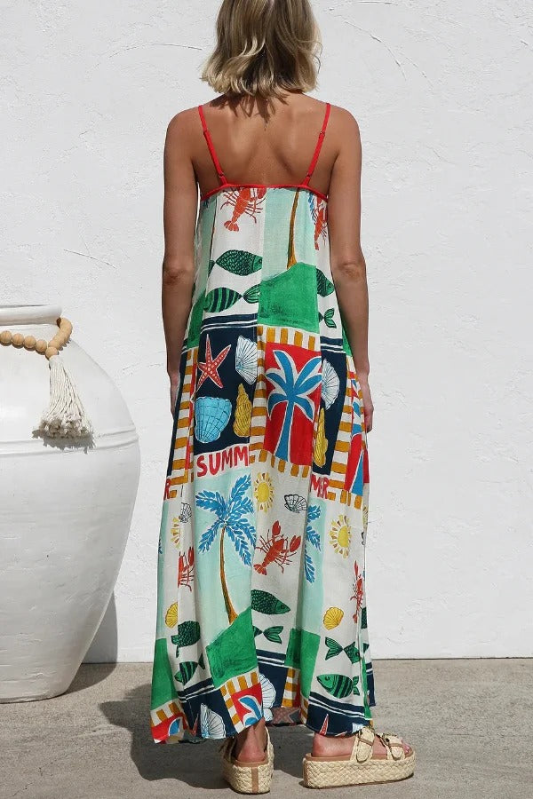 Summer-themed Printed Square Neck Sleeveless Pocket Loose Maxi Dress