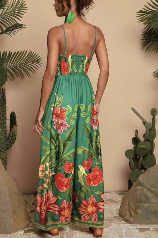 Multi-Color Tropical Floral & Parrot Print Cami Wide Leg Jumpsuit