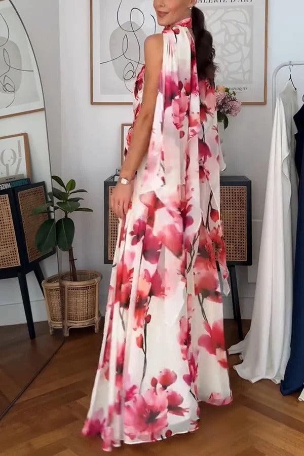 Blooming Petals Chiffon Floral Print Crinkle Cross Front Drape Ruffles Scarf Maxi Dress