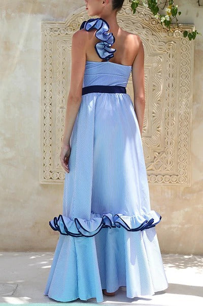 Striped Print Elegant Ruffle Trim Vacation Maxi Skirt