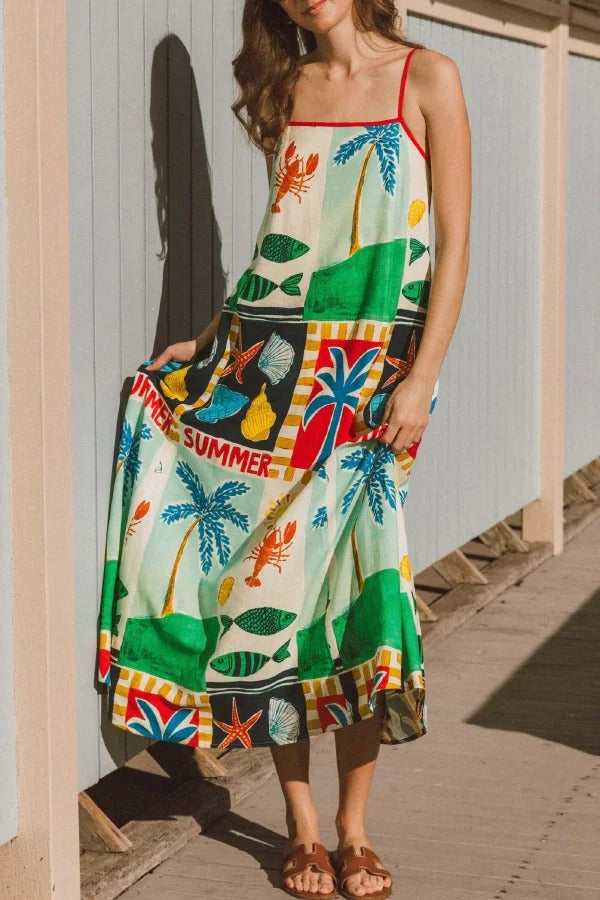 Summer-themed Printed Square Neck Sleeveless Pocket Loose Maxi Dress