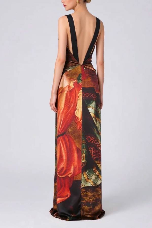 Sleeveless Draped Graphic Print Satin Column Maxi Evening Gown Dress