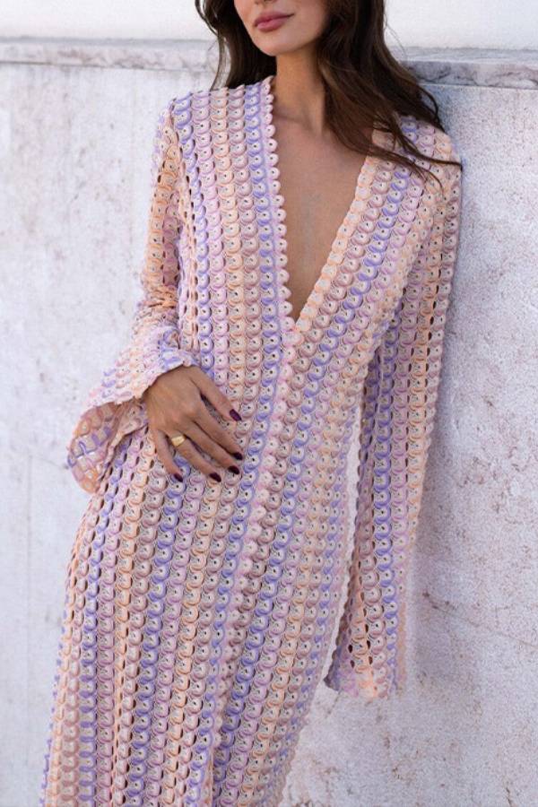 Bondi Beach Knit Colorful Wave Print Long Sleeve Vacation Maxi Dress