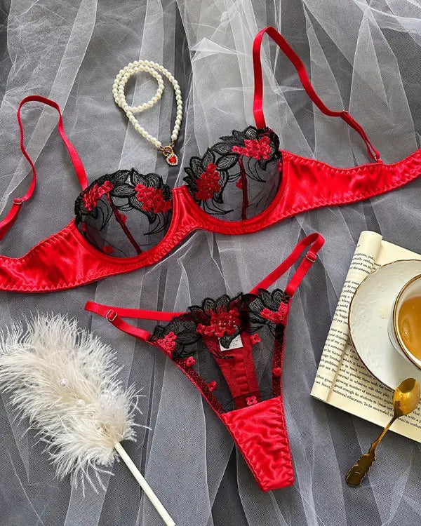 Floral Embroidery Mesh Patch Lingerie Set