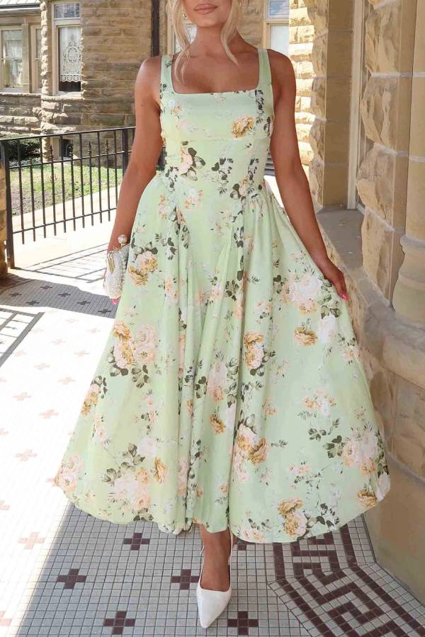 Elegant Floral Print Square Neck Midi Dress