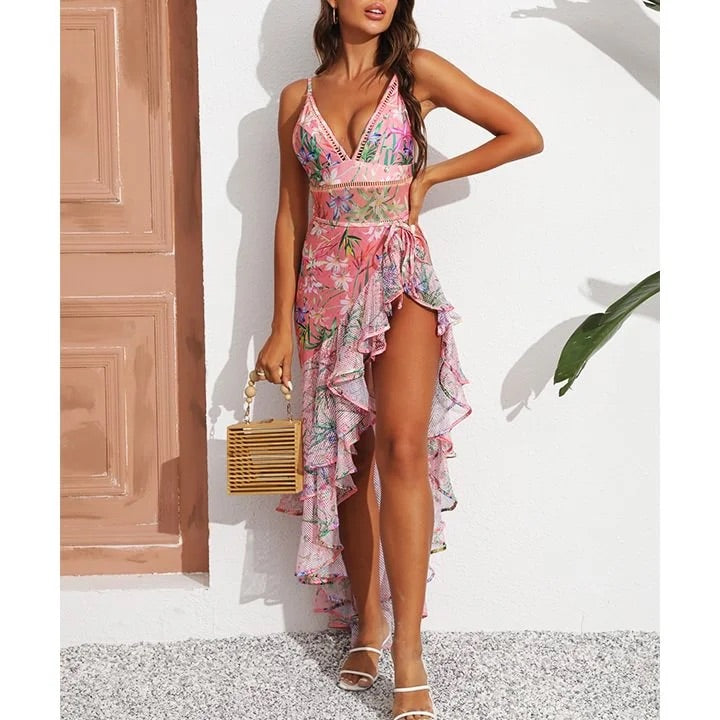 swimgirls V Neck Floral Print One Piece Swimsuit and Mesh Splicing Sarong