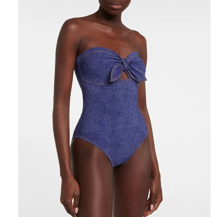 Bowknot Bandeau One Piece Swimsuit and Skirt