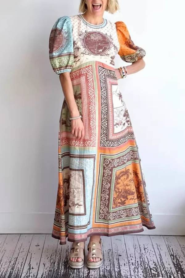 Patchwork Tropical Print Puff Sleeve Maxi Dress