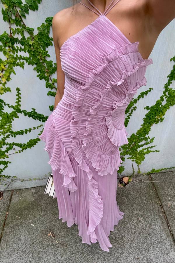 Dream Ode Lily Pad Style Pleats and Ruffles Halter Gown Maxi Dress