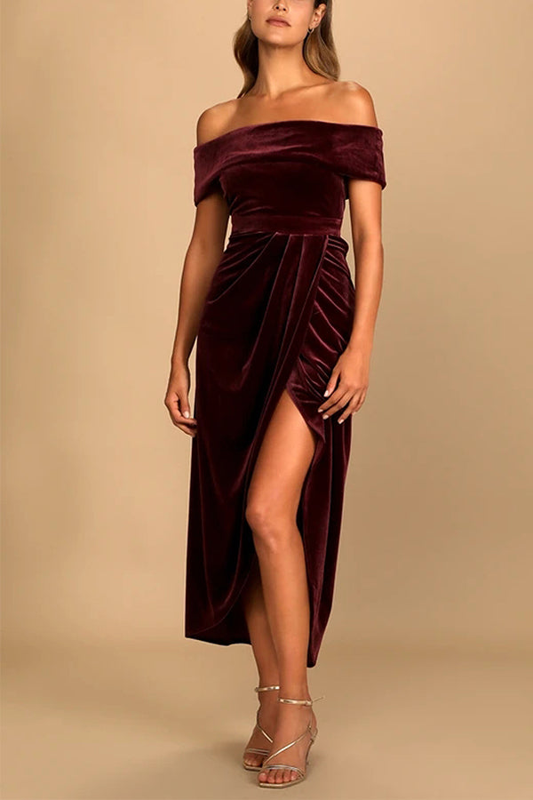 Elegant velvet one-shoulder slit dress