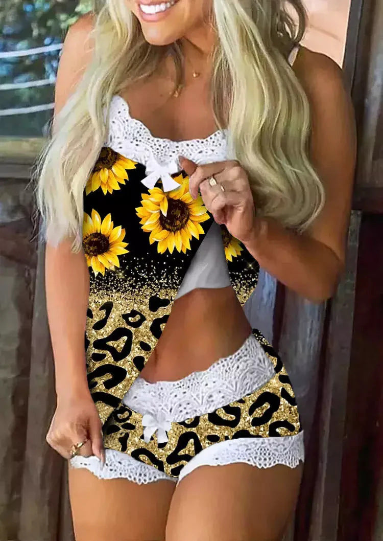 Sunflower Lace Splicing Camisole And Shorts Pajamas Set