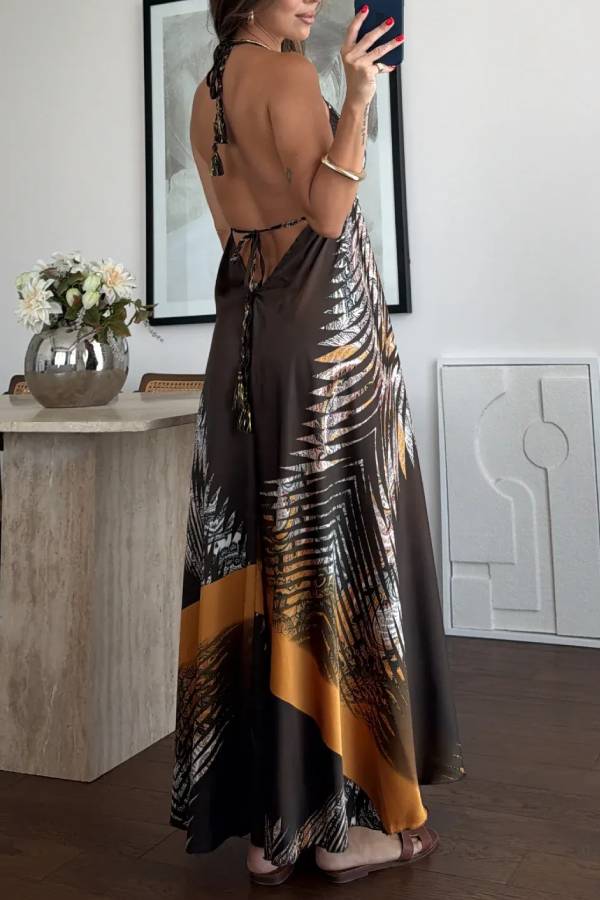 Halter Retro Print Maxi Vacation Dress