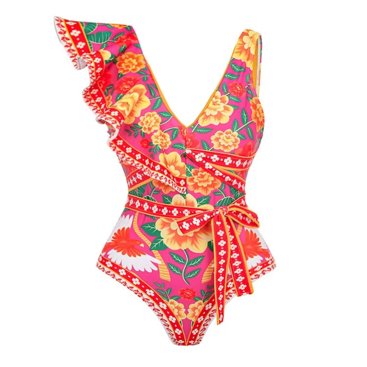 One-shoulder Ruffled Contrast Print One Piece Swimsuit