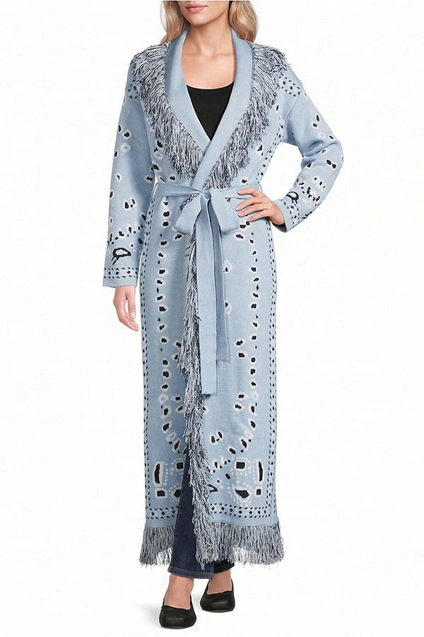 Lennie Bandana Knit Printed Fringe Shawl Collar Long Sleeve Belted Duster Cardigan
