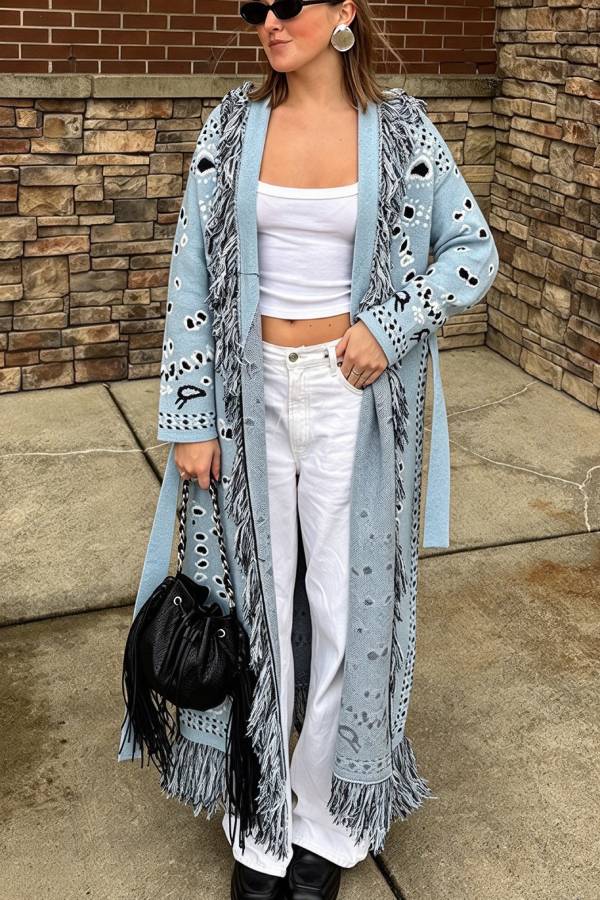 Lennie Bandana Knit Printed Fringe Shawl Collar Long Sleeve Belted Duster Cardigan