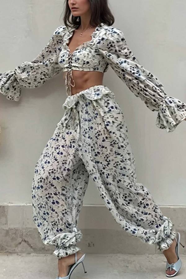 Floral Lace‑Up Crop Top & Jogger Pants Two‑Piece Set