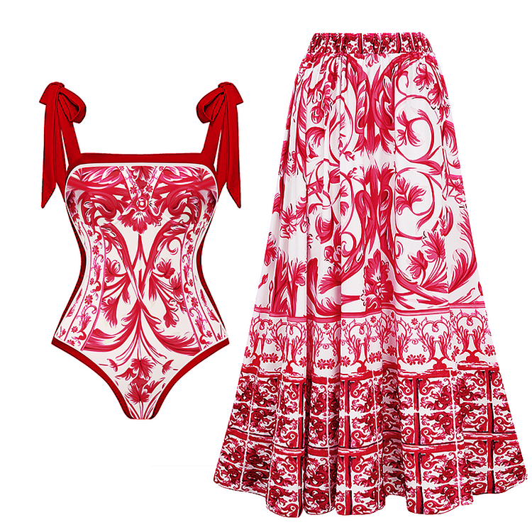 Reversible Tie-shoulder Baroco Style Printed One Piece Swimsuit and Skirt