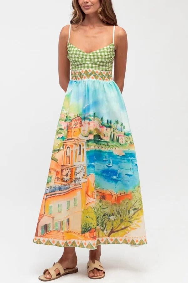 Unique Printed Spaghetti Strap Pleated Casual Maxi Dress