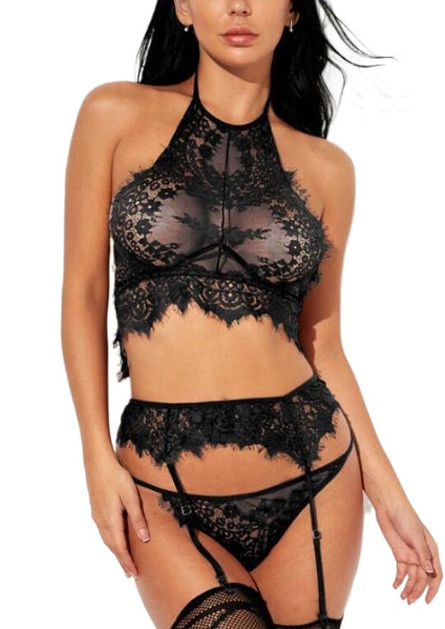 2Pcs Lace Halter See-Through Lingerie Set