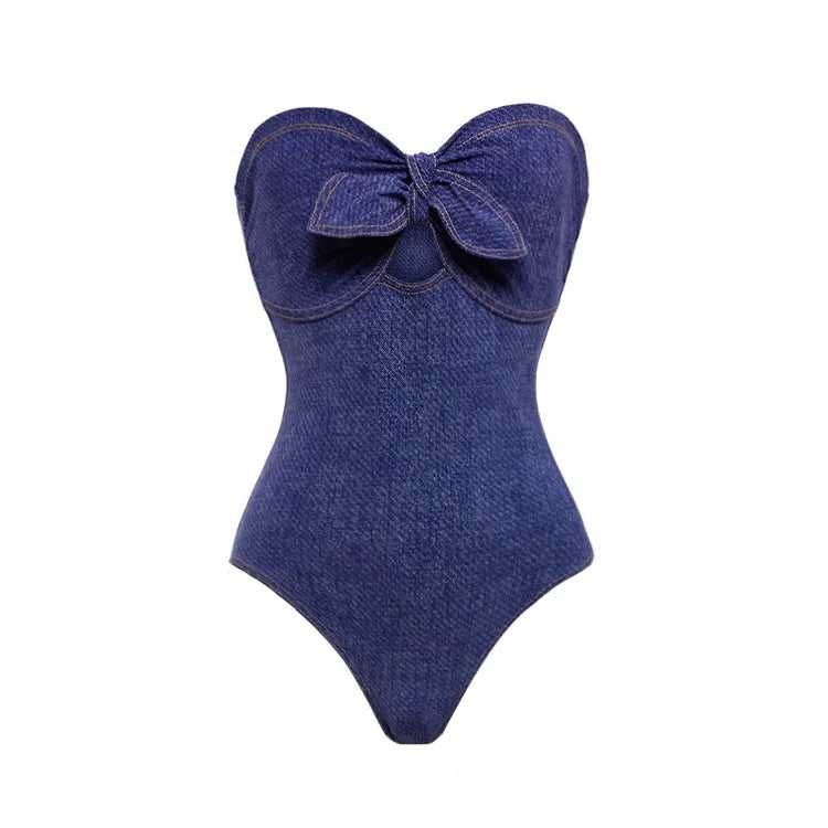 Bowknot Bandeau One Piece Swimsuit and Skirt