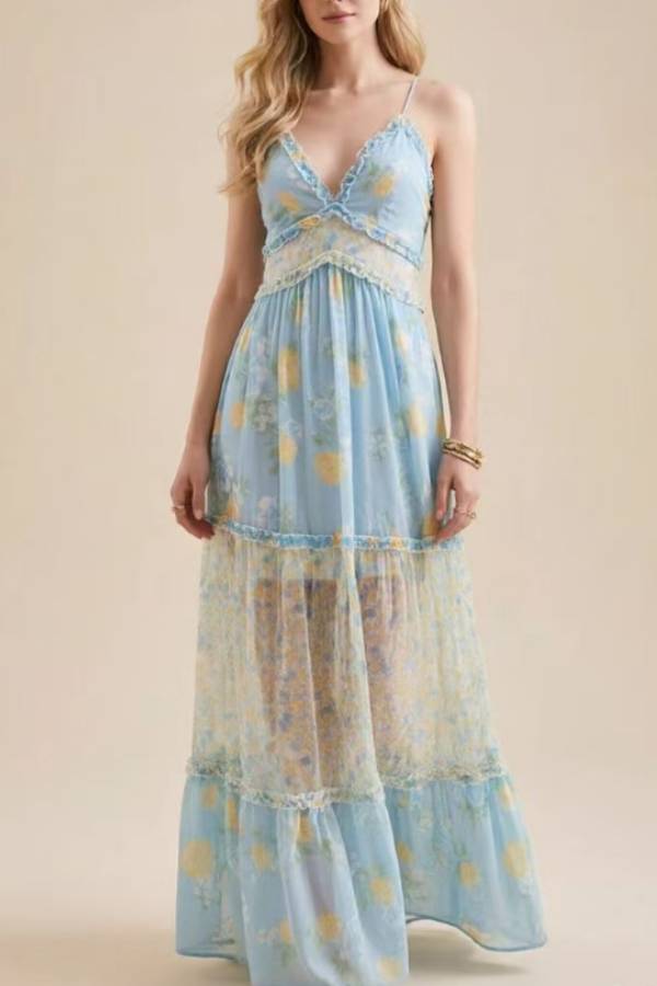 Floral Ruffle Criss‑Cross Back Cami Vacation Maxi Dress