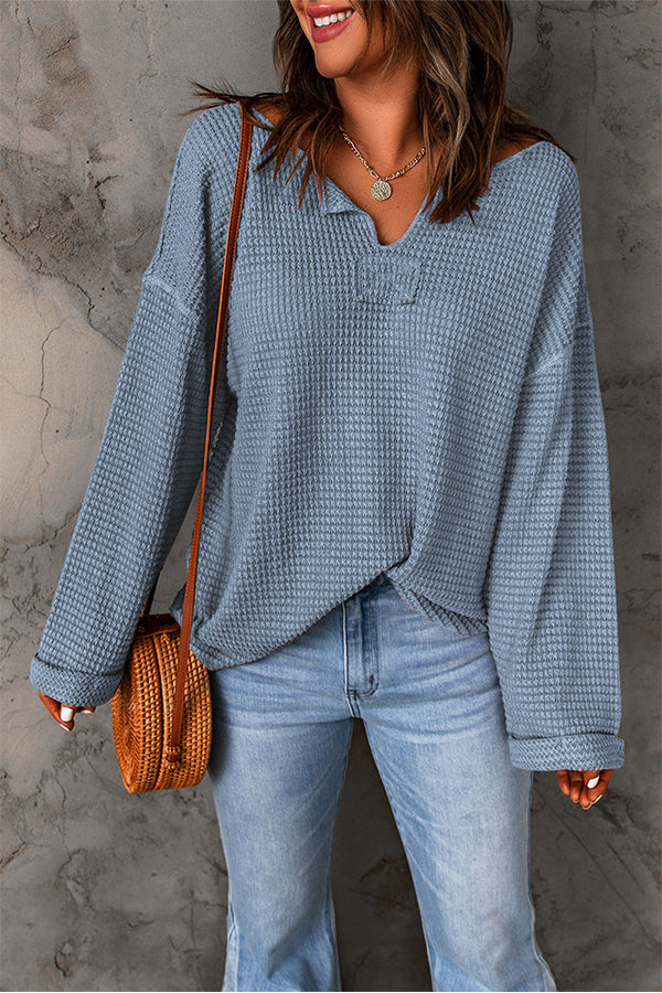 Dusk Blue Waffle Split V Neck Drop Shoulder Long Sleeve Top