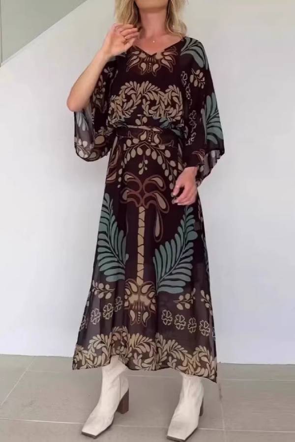 Boho Palm Print V-Neck Tie Waist Flare Sleeve Maxi Dress