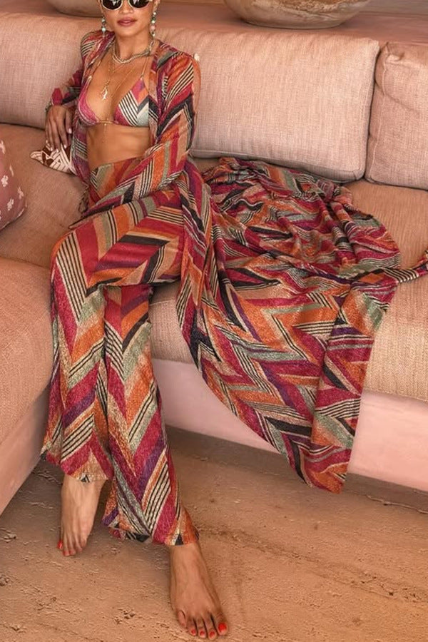 Colorful Herringbone Print High-Waisted Wide-Leg Vacation Pants
