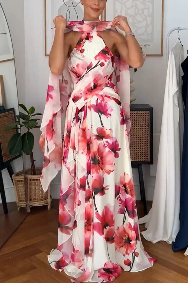 Blooming Petals Chiffon Floral Print Crinkle Cross Front Drape Ruffles Scarf Maxi Dress