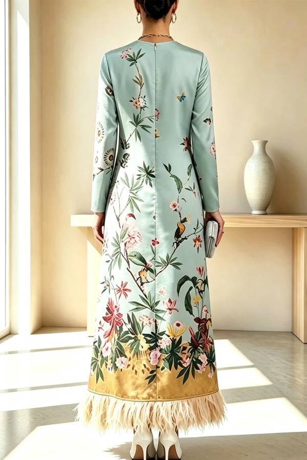 Cecilia Satin Colorful Baroque Style Printed Long Sleeve Feather Trim Maxi Dress