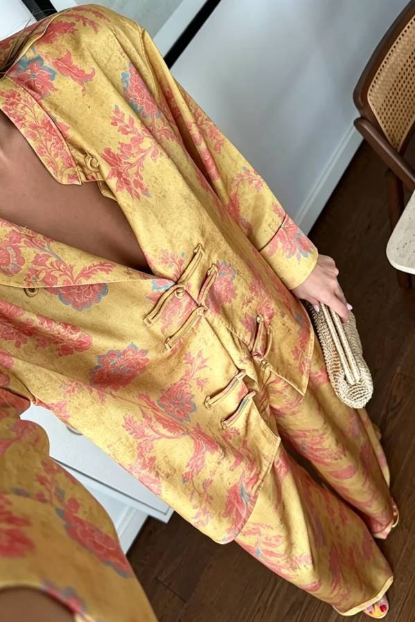 Floral Print Satin Knotted Button Long Sleeve Shirt and Elastic Waist Pocket Wide Leg Pants Set