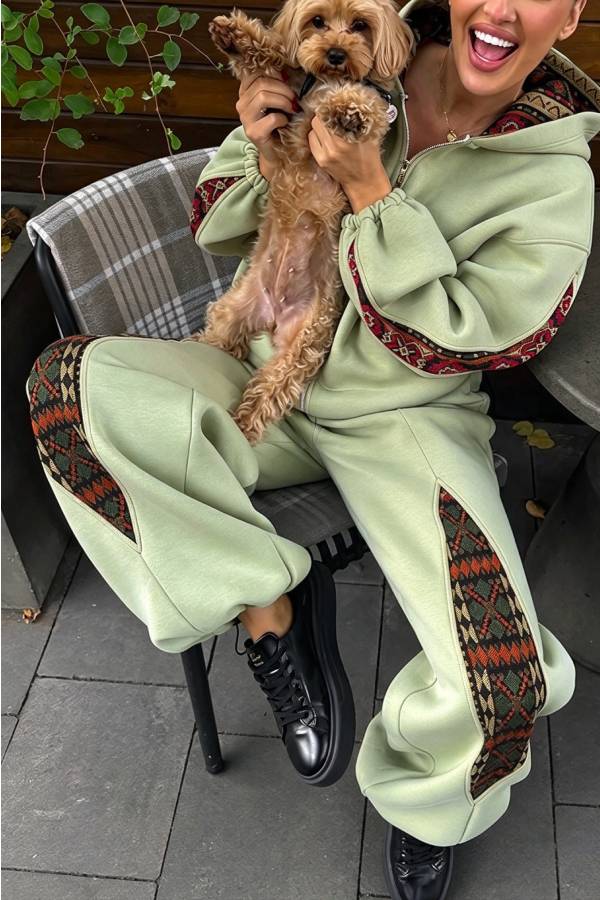 Ethnic-style Print Patchwork Zip Long Sleeve Hoodie and Elastic Waist Pocket Jogger Set