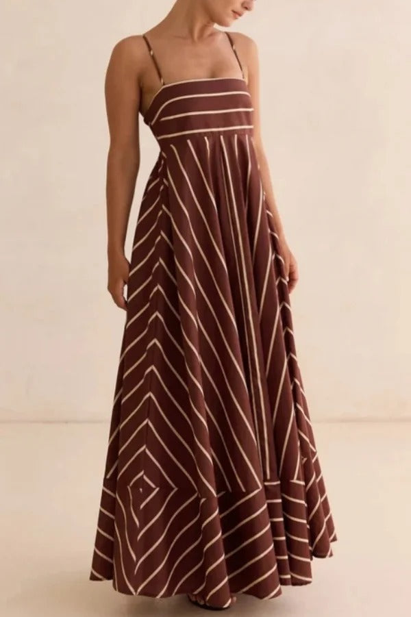 Striped Print Square Neck Spaghetti Strap High Waist Casual Maxi Dress