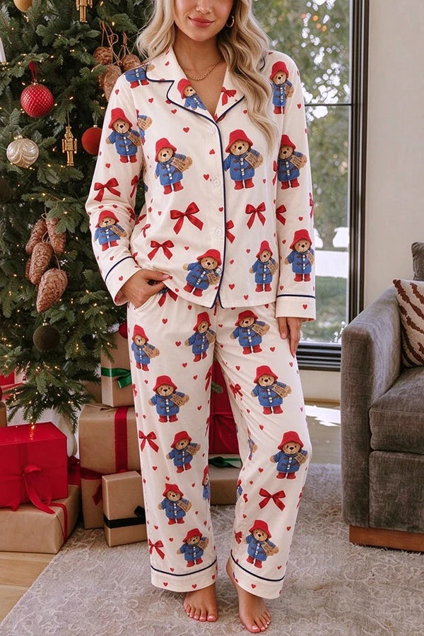 Teddy Bear Bow Unique Print Long Sleeve Loose Shirt and Elastic Waist Pocket Pajama Set