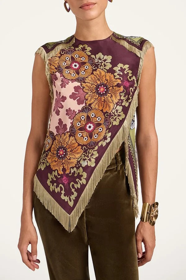 Stunning Floral Print Asymmetric Tassel Trim Scarf Top