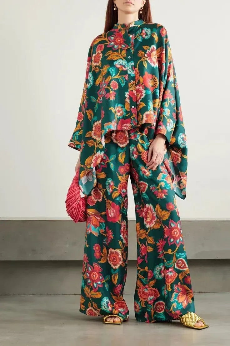 Vintage Printed Stand Collar Irregular Shirt Wide Leg Pants Set
