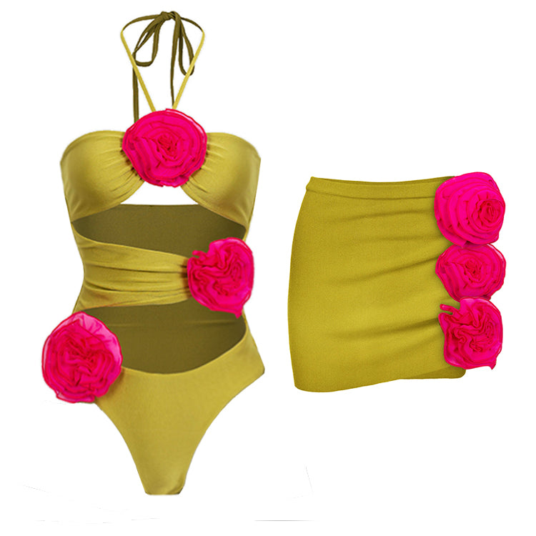Color Block 3D Flower One Piece Swimsuit and Skirt