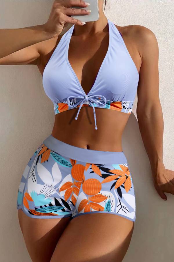 Multi-Color Halter Tie High Waist Tropical Print Boyleg Bikini Set