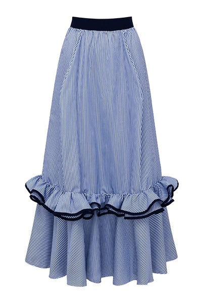 Striped Print Elegant Ruffle Trim Vacation Maxi Skirt