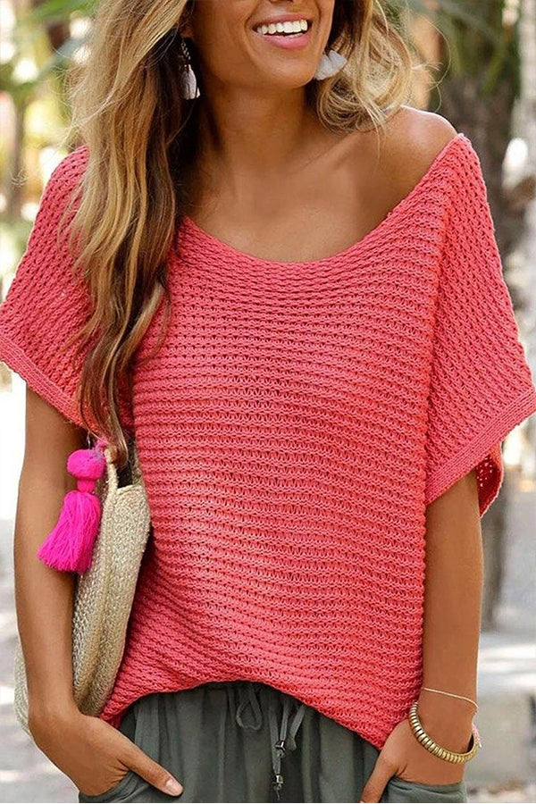 Red Clay Plain Knit Loose Batwing Sleeve Blouse