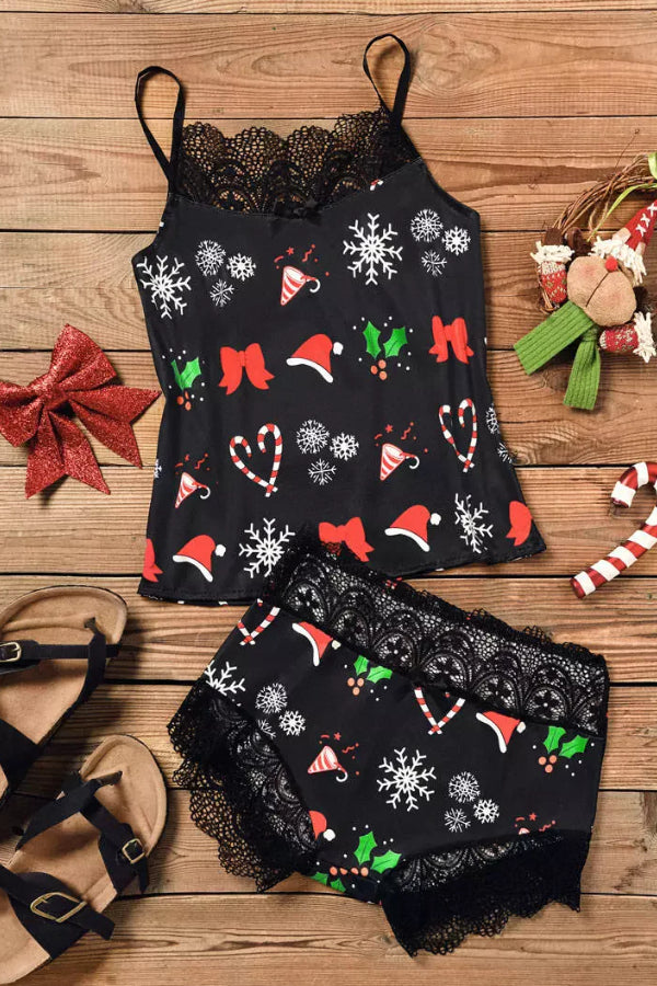 Christmas Hat Snowflake Lace Splicing Camisole And Shorts Pajamas Set
