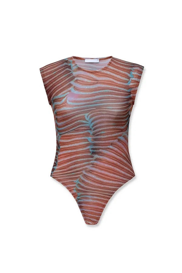 Bella Stretch Mesh Unique Print Bodysuit and High Rise Elastic Waist Maxi Skirt Set