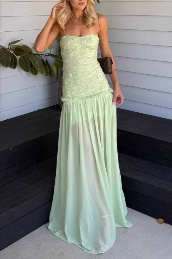 3D Rose Lace Panel Chiffon Flowy Maxi Dress
